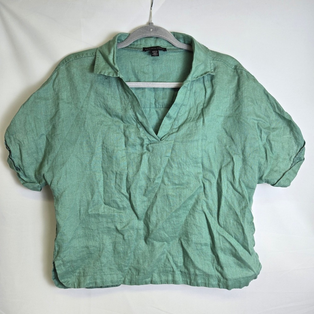 Saks Fifth Avenue Short Sleeve 100% Linen‎ Popover Top Split V-Neck Green Small